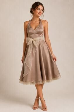Vintage Bari Jay Size 19/20 Satin Halter Dress Taupe Organza Bow Formal Midi